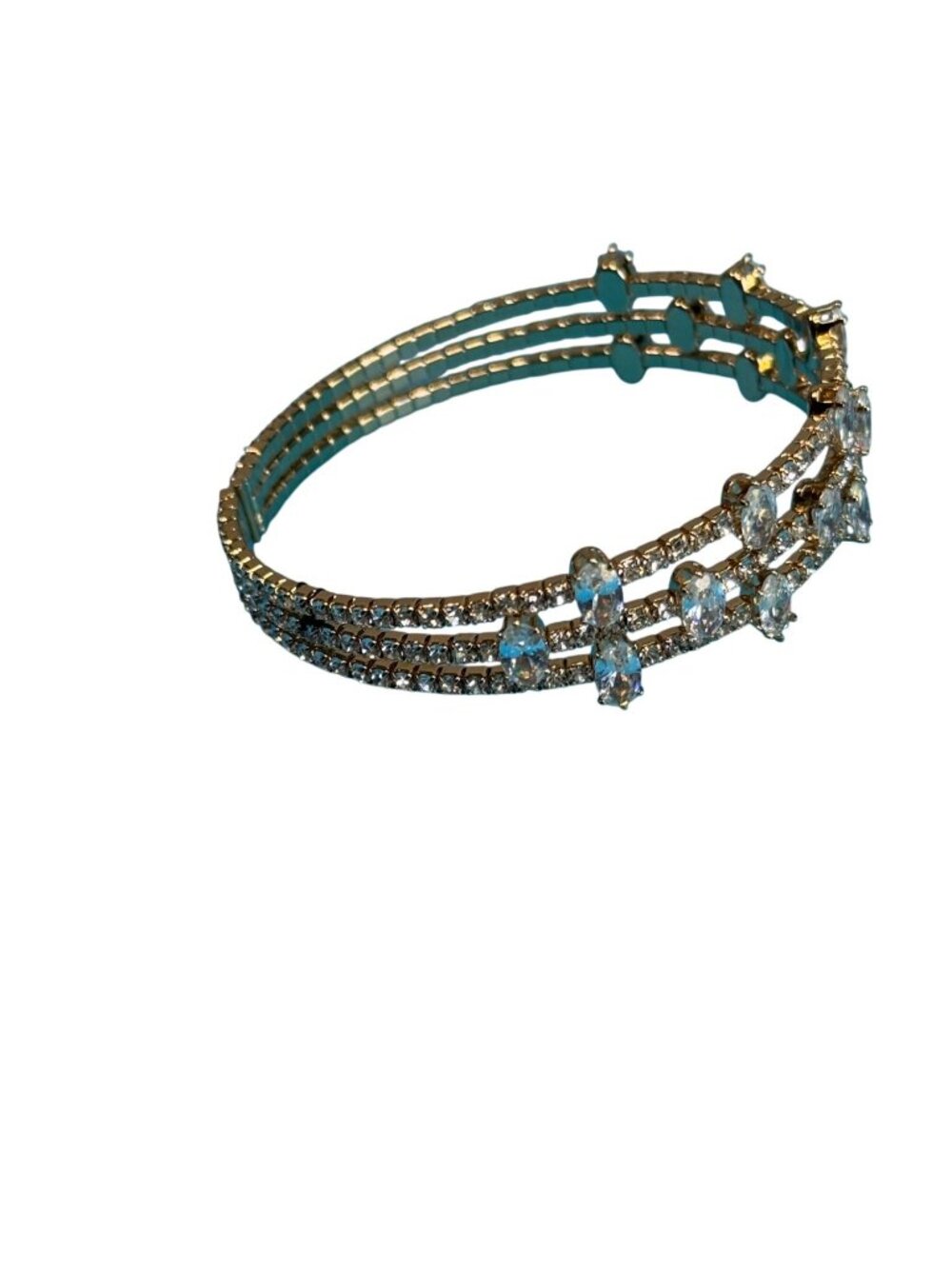 Triple Row Gold Tone Cuff Bracelet With Marquise Cut Crystal Rhinestones - Picture 5 of 7